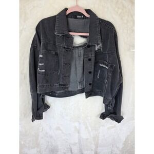 Blue B Collection Washed Black Cropped Distressed Denim Jacket Rhinestone Fringe
